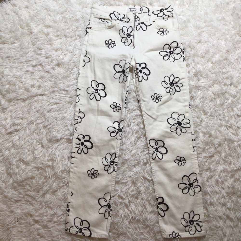 Reformation Julianna Organic Cotton Zip Straight Mid Rise White Black Flower 26 - Picture 10 of 10